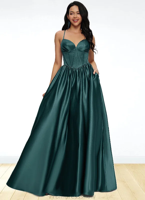 Selena Ball-Gown/Princess V-Neck Floor-Length Satin Prom Dresses With Pleated STKP0022230