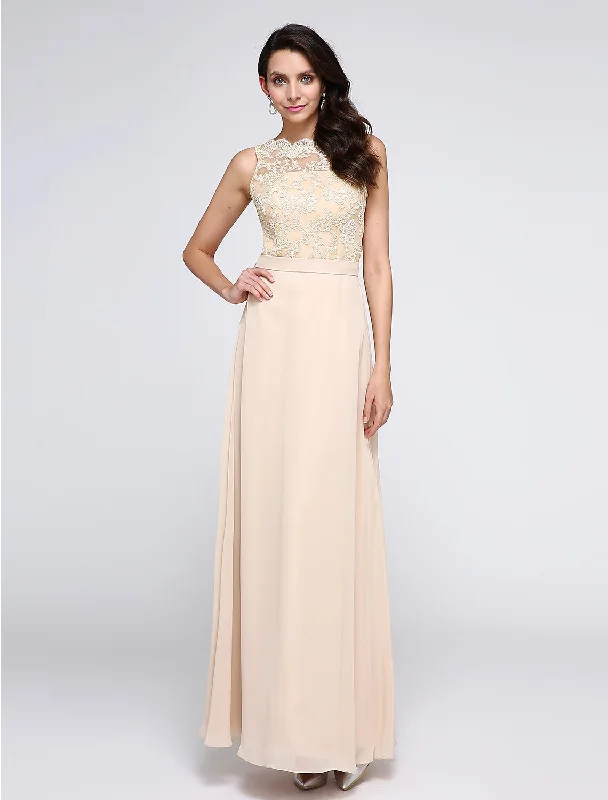 Sheath / Column Beautiful Back Dress Holiday Cocktail Party Ankle Length Sleeveless Jewel Neck Chiffon with Lace Sheath / Column Beautiful Back Dress Holiday Cocktail Party Ankle Length Sleeveless Jewel Neck Chiffon with Lace