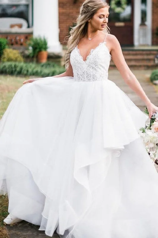 Spaghetti Straps Tulle Bride Dresses with Lace Bodice