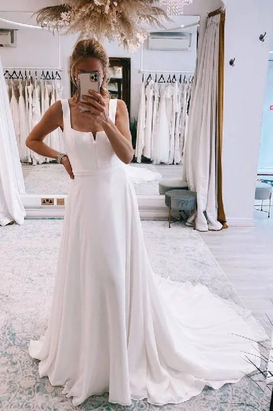 Square Neck A-line Bride Dresses with Zip-up Back