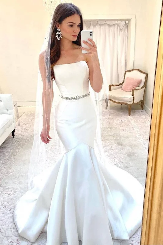 Strapless Satin Mermaid Weding Dress with Rhinestones Belt