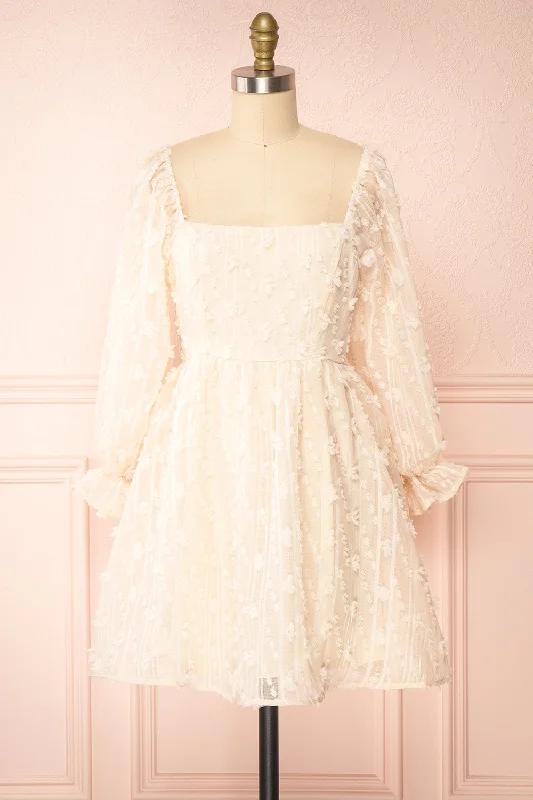 Laudat | Short Plumetis Dress w/ Puffy Sleeves