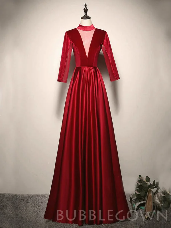 Deep V-ncek Burgundy Satin Long Sleeves Long Evening Prom Dresses, Cheap Custom Prom Dress, MR8043 Deep V-ncek Burgundy Satin Long Sleeves Long Evening Prom Dresses, Cheap Custom Prom Dress, MR8043
