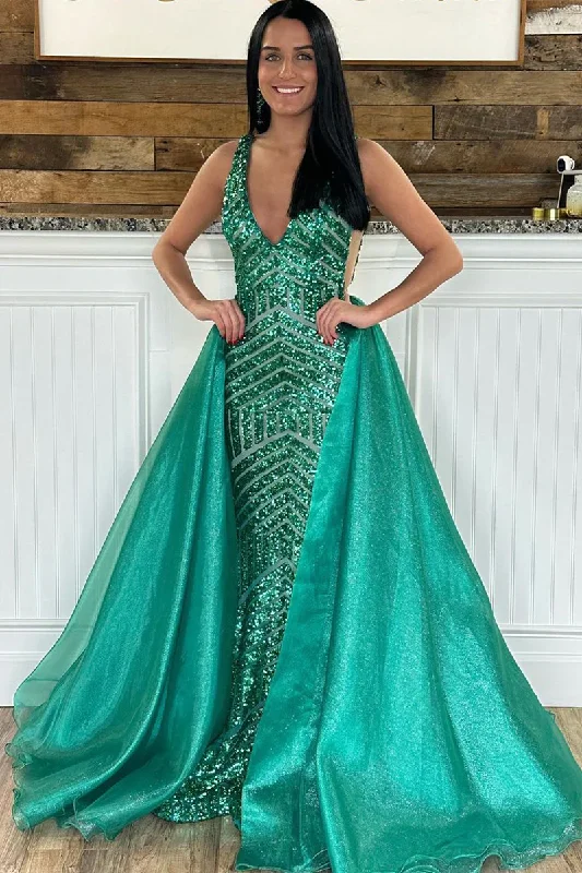 Mermaid Dark Green Sequins V Neck Long Prom Dresses