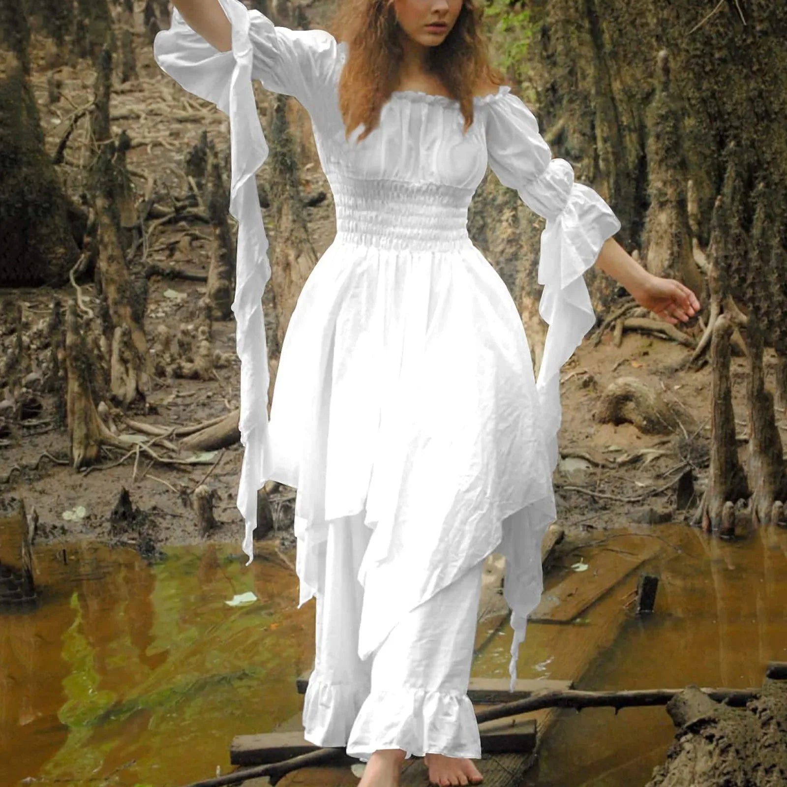 FashionSierra - Women Trumpet Sleeve Irish Shirt Vintage Victorian Medieval Renaissance Gothic Female Cosplay Costume Prom Dress