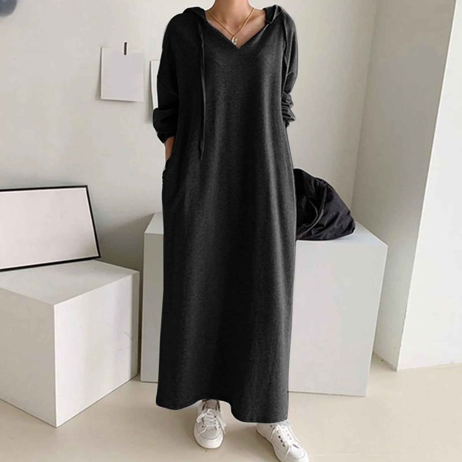 FashionSierra - Solid Loose V Neck Casual Fashion Hooded Long Sleeve Drawstring Autumn Ladies Knee Length Dress FashionSierra - Solid Loose V Neck Casual Fashion Hooded Long Sleeve Drawstring Autumn Ladies Knee Length Dress