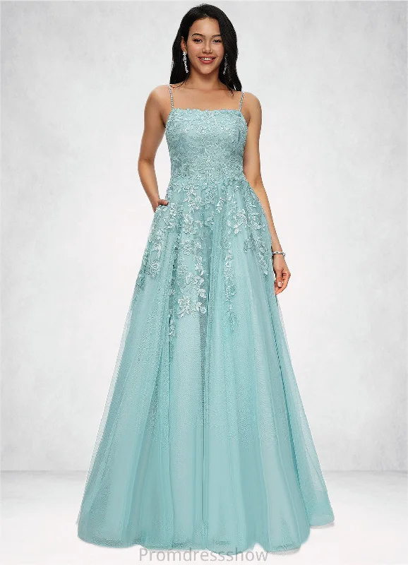 Abbey Ball-Gown/Princess Straight Floor-Length Tulle Prom Dresses With Appliques Lace Sequins STKP0022206