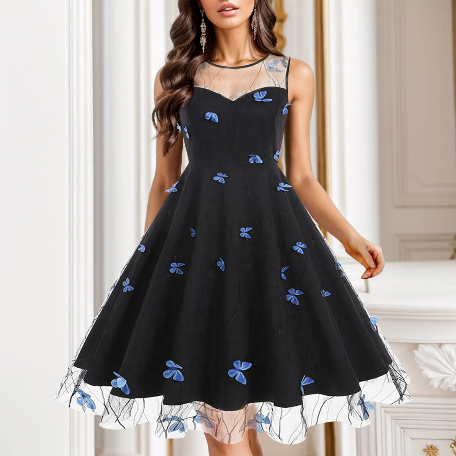 FashionSierra - Sleeveless Lace Butterfly Embroidered Vintage High Waist Birthday Party Elegant Dress