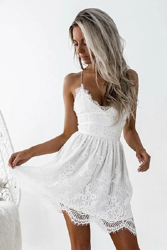 Spaghetti Straps Lace Mini Bride Dress for Summer Weddings