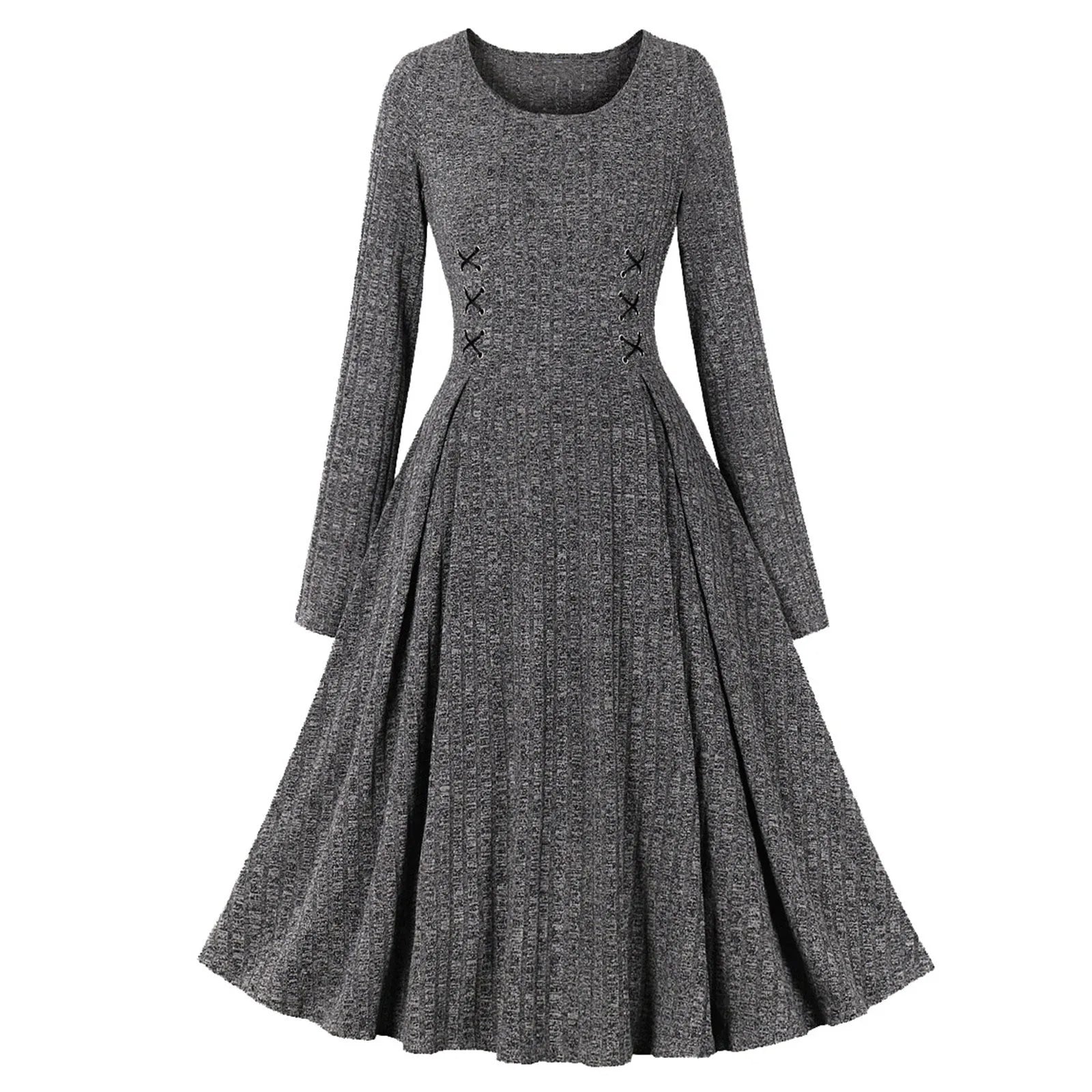 FashionSierra - Solid Ribbed Knitted Round Neck Long Sleeve Retro Vintage Slim Dress