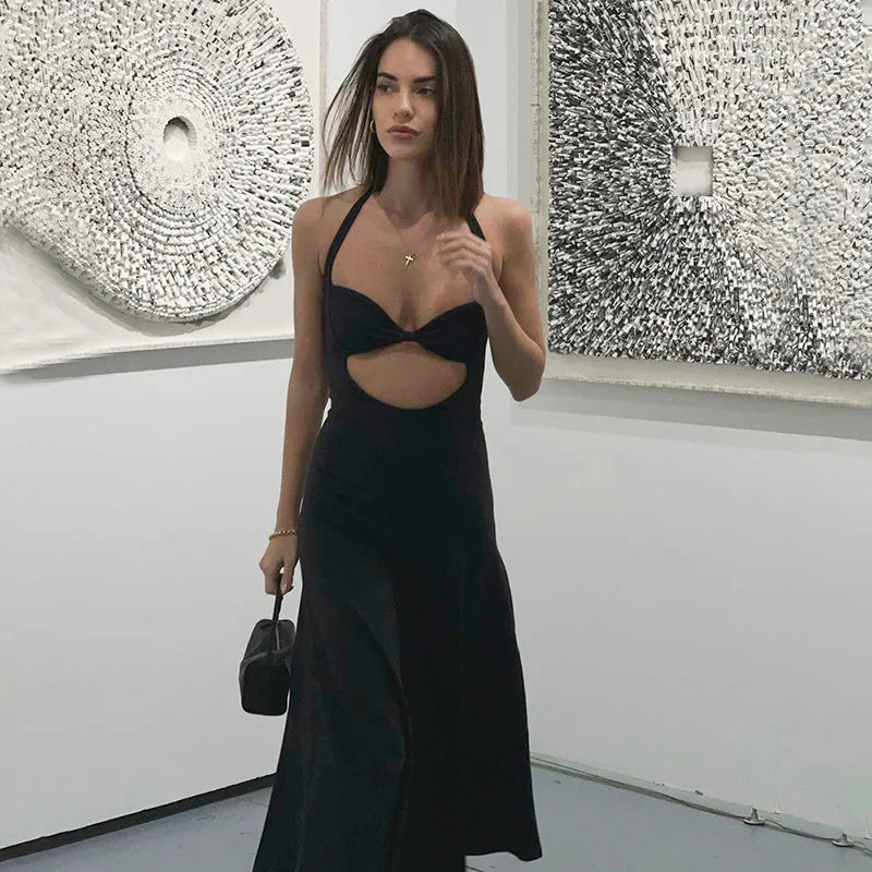Sexy Backless Long Club Party Outfits Women Sleeveless Halter Black Gown Cut Out Dress