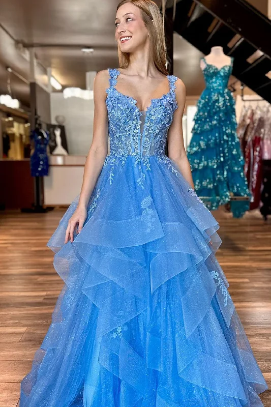 Blue Sparkly Ruffled Tulle V Neck Prom Dresses