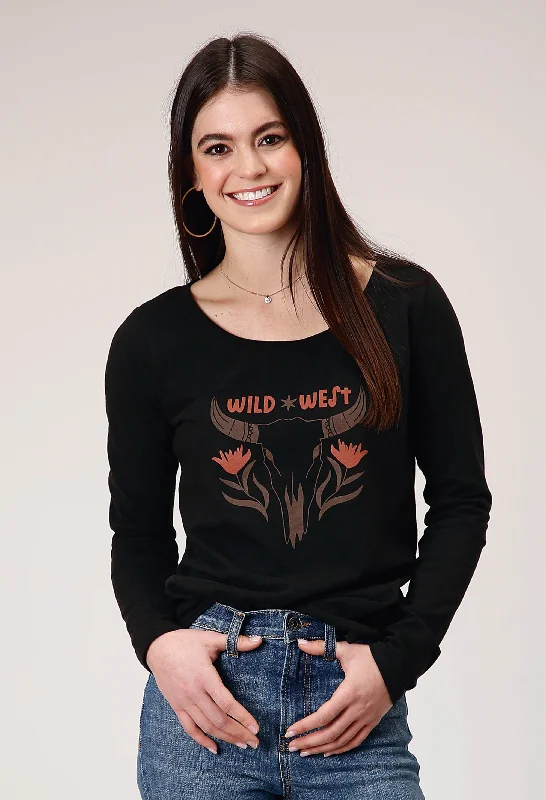 WOMENS LONG SLEEVE JET BLACK COTTON SLUB SCOOP NECK TEE WITH SCREEN PRINT DECORATION Chenille Blend Fleece Blend Nylon Blend