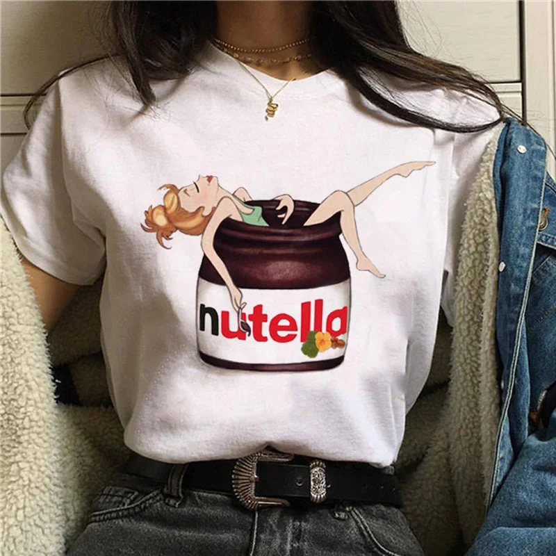 2022 Nutella Print T Shirt Women 90s Fashion T-shirt Houndstooth Herringbone Solid