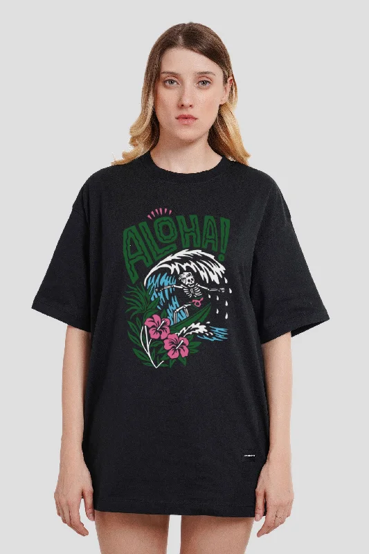 Aloha Black Printed T-Shirt Women Oversized Fit Chenille Blend Fleece Blend Nylon Blend Aloha Black Printed T-Shirt Women Oversized Fit Chenille Blend Fleece Blend Nylon Blend