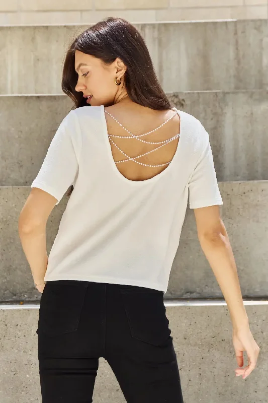 And The Why Pearly White Full Size Criss Cross Pearl Detail Open Back T-Shirt Notch Collar Peter Pan Collar Cowl Neck