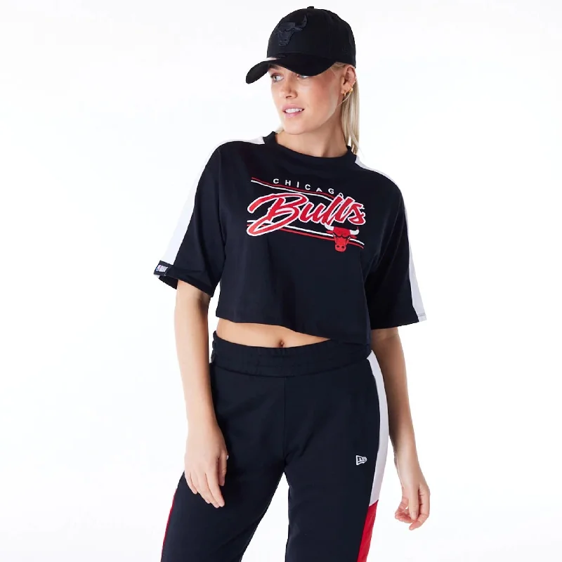 Chicago Bulls Womens NBA Colour Block Black Crop T-Shirt Ribbed Striped Patterned