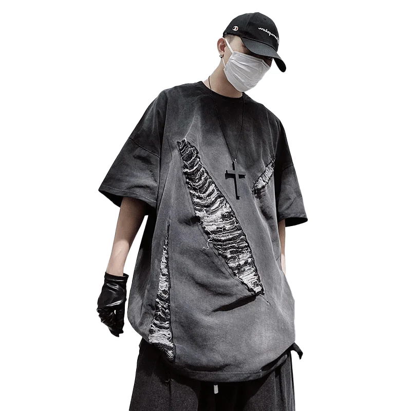 Cool Oversize Hole Ripped T-Shirt / Vintage Cotton O-Neck Long T-Shirt Welt Pockets Slit Pockets Flap Pockets