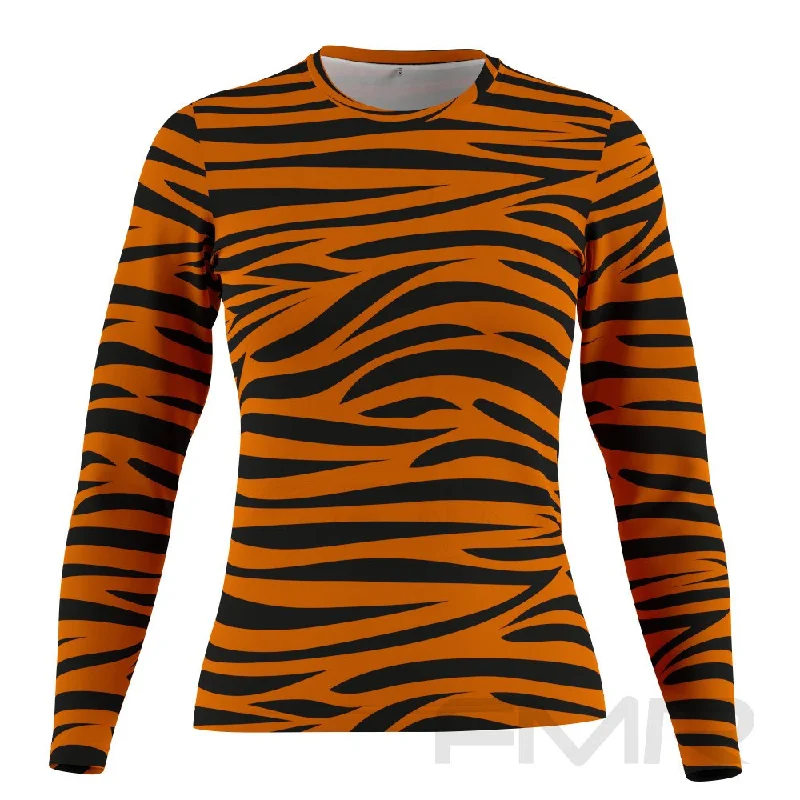 FMR Women's Tiger Print Long Sleeve Running Shirt Zippered Buttoned Snapped