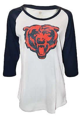 Girls Juniors Chicago Bears 3/4 Sleeve Scoop Neck Glitter T-Shirt Women's NFL Tee Handmade Hand-knitted Hand-woven