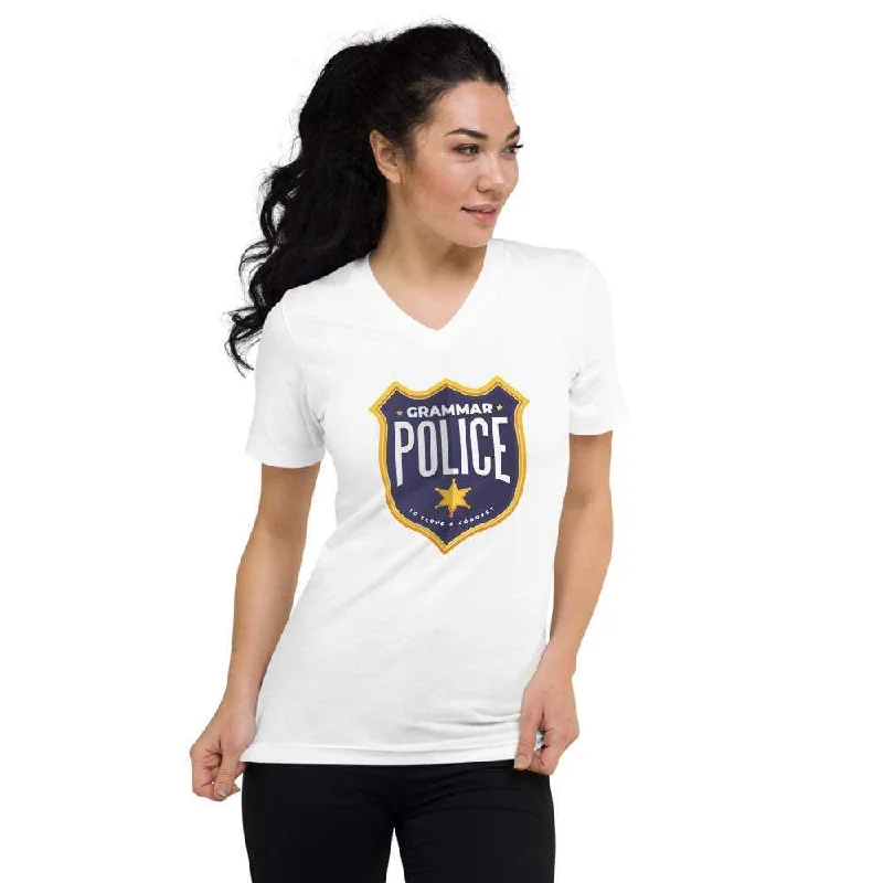 Grammar Police - To serve and correct - Unisex V-Neck T-Shirt Graphic Embroidered Appliqued