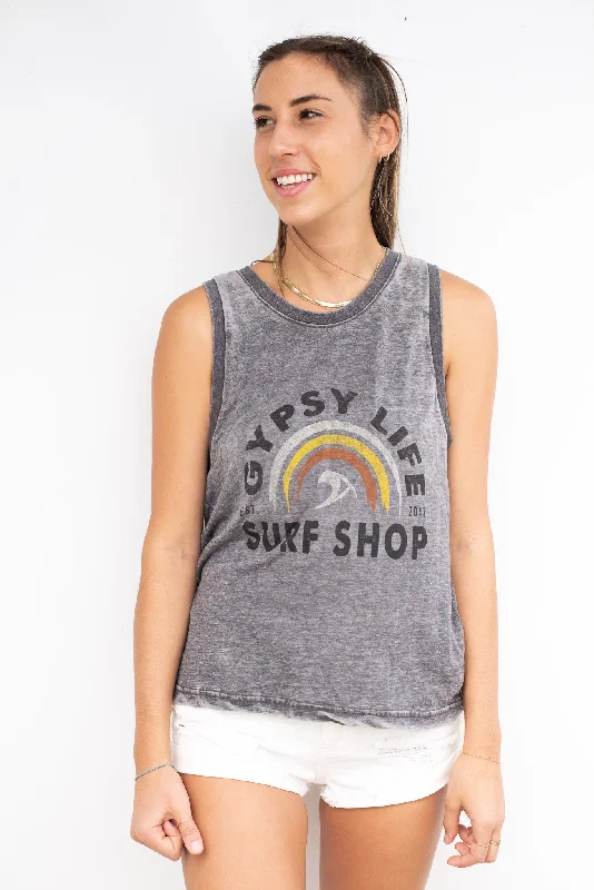 Gypsy Life Piping Hot Wave Tank - Burnout Wash - Charcoal print tank top