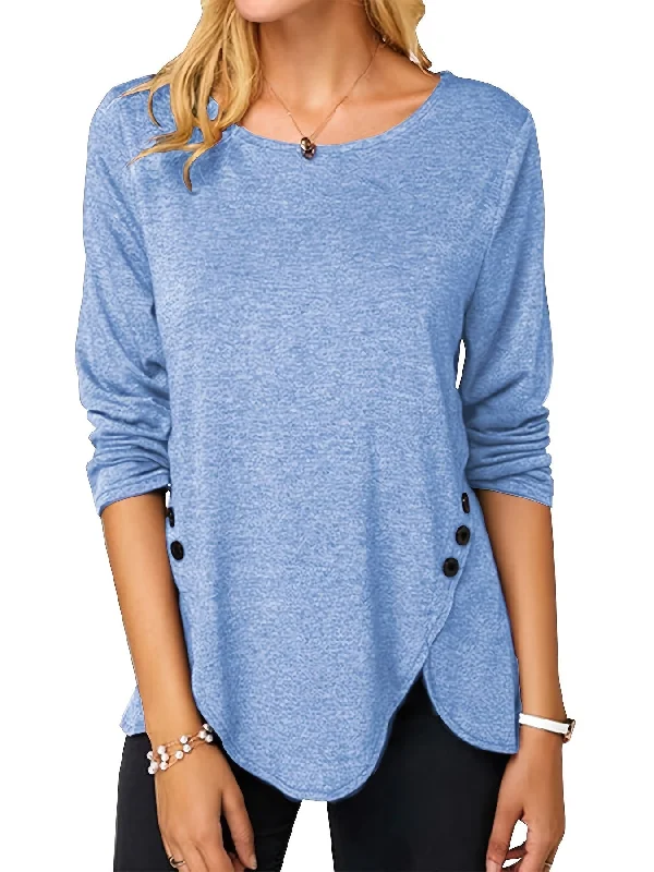 Irregular Hem Button Crew Casual Loose Long Sleeve Fashion T-Shirts Tops Front Pockets Side Pockets Patch Pockets Irregular Hem Button Crew Casual Loose Long Sleeve Fashion T-Shirts Tops Front Pockets Side Pockets Patch Pockets