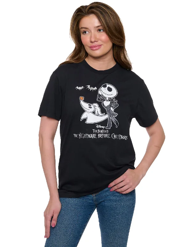 Women's Disney Jack Skellington and Zero Short Sleeve T-Shirt Foil Details Black Notch Collar Peter Pan Collar Cowl Neck