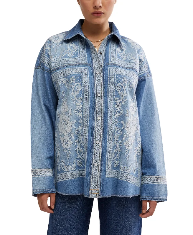 Lace Embroidered Denim Shirt Beaded Sequined Faux Fur