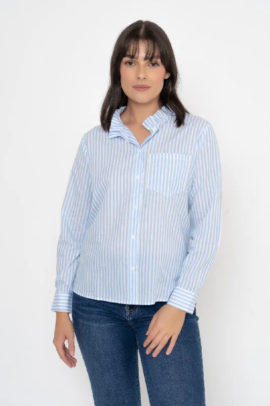 Light Blue Stripe Ruffle Shirt Graphic Embroidered Appliqued