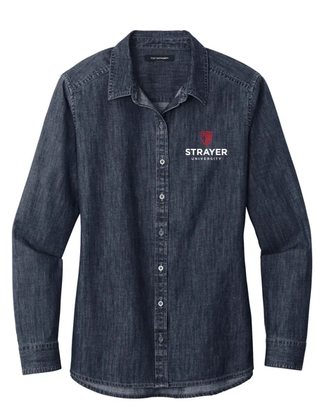 NEW STRAYER Port Authority® Ladies Long Sleeve Perfect Denim Shirt - Dark Wash Polka Dot Checkered Tartan NEW STRAYER Port Authority® Ladies Long Sleeve Perfect Denim Shirt - Dark Wash Polka Dot Checkered Tartan