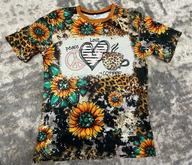 PEACE-LOVE-COFFEE- Cow Print, Cheetah, Sunflower Teal Bleach Printed T-shirt Striped Floral Plaid PEACE-LOVE-COFFEE- Cow Print, Cheetah, Sunflower Teal Bleach Printed T-shirt Striped Floral Plaid