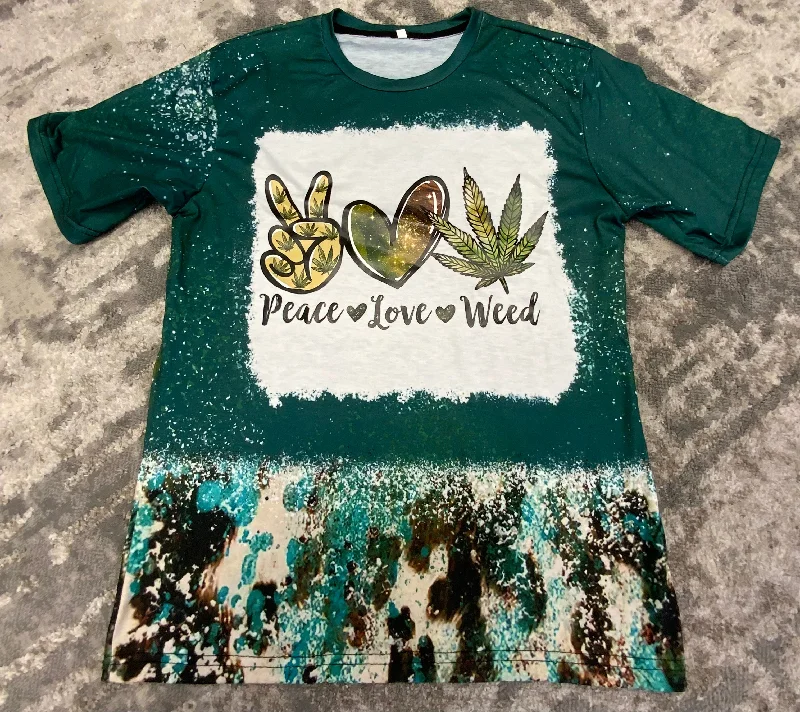 PEACE-LOVE-WEED-Cow Print Teal Splatter GREEN Bleached T-shirt Fitted T-Shirt Seamless Stretchy PEACE-LOVE-WEED-Cow Print Teal Splatter GREEN Bleached T-shirt Fitted T-Shirt Seamless Stretchy