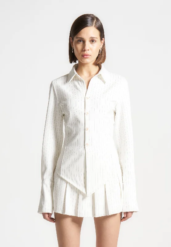 Pinstripe Angled Shirt - White Graphic Embroidered Appliqued