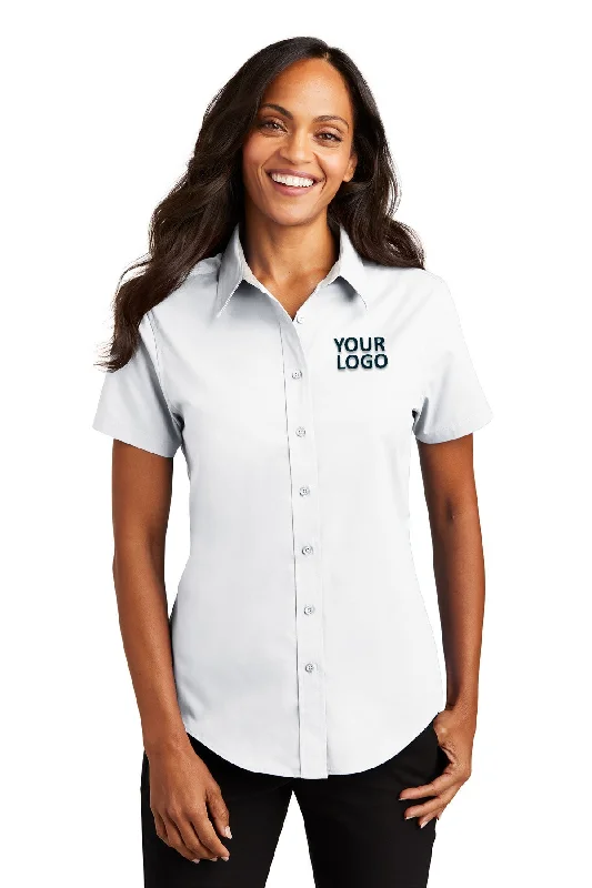 Port Authority Ladies Short Sleeve Easy Care Branded Shirts, White/Light Stone Anti-Pilling Machine Wash Handmade