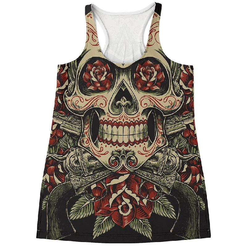 Skull And Roses Tattoo Print Women's Racerback Tank Top rhinestone tank top