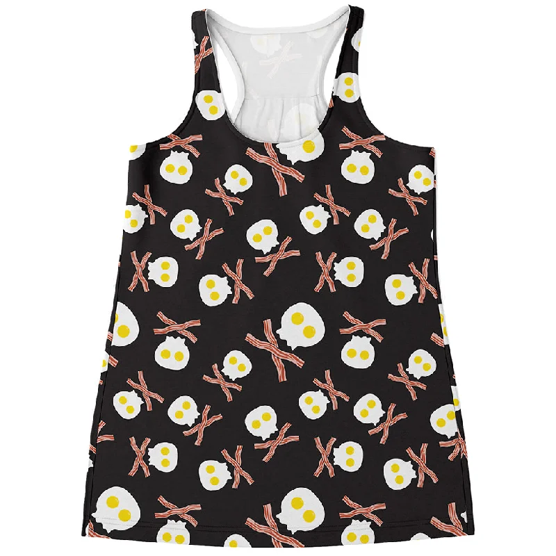 Skull Fried Egg And Bacon Pattern Print Women's Racerback Tank Top teal tank top