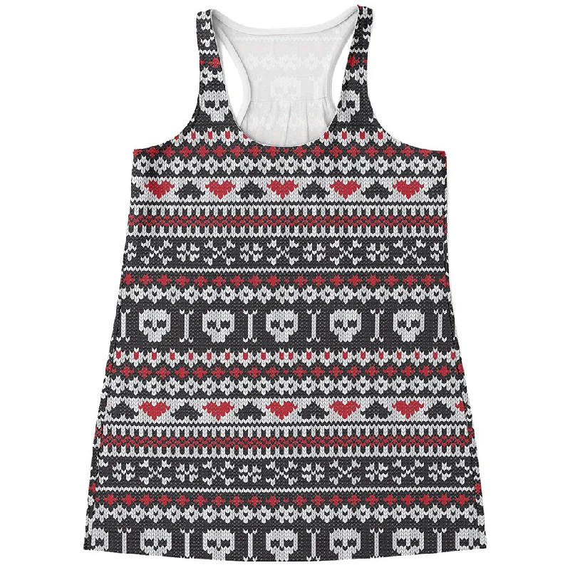 Skull Knitted Pattern Print Women's Racerback Tank Top grey tank top