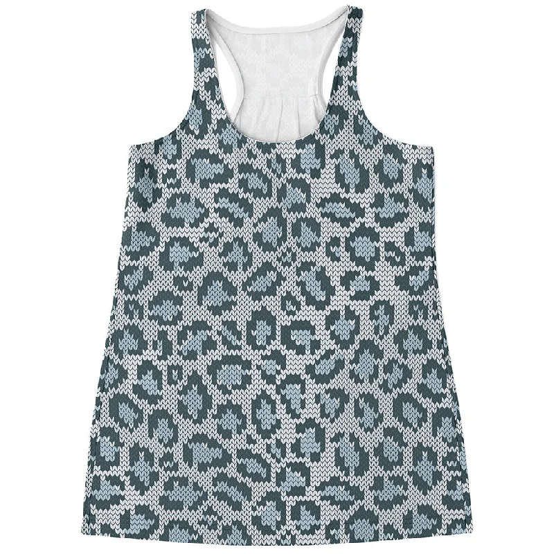 Snow Leopard Knitted Pattern Print Women's Racerback Tank Top white tank top