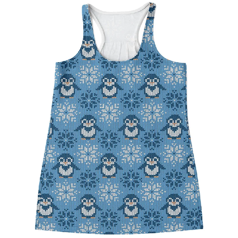 Snowy Penguin Knitted Pattern Print Women's Racerback Tank Top boho tank top