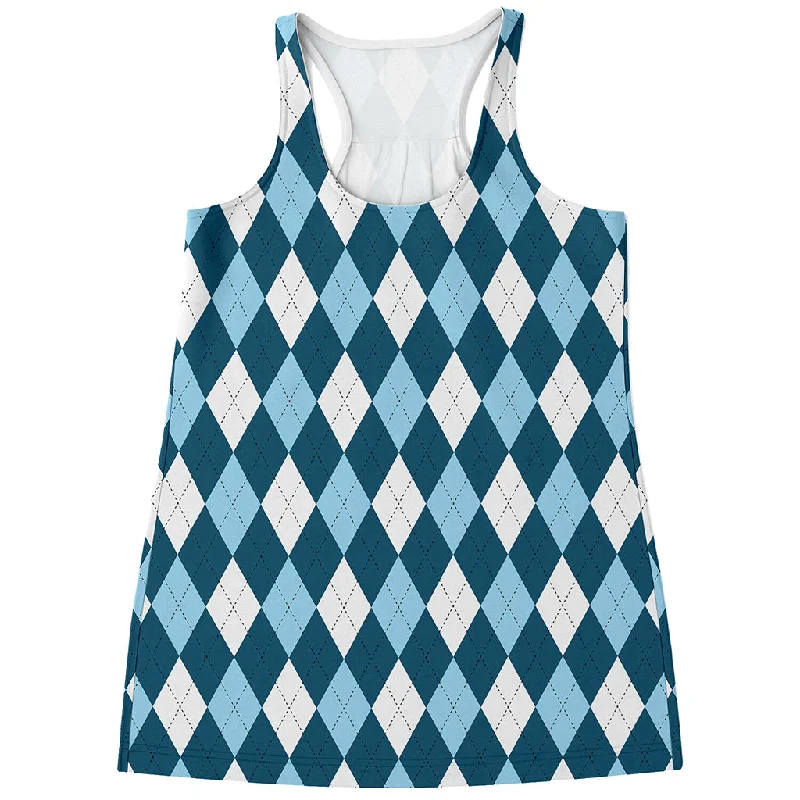 Soft Blue Argyle Pattern Print Women's Racerback Tank Top high neck tank