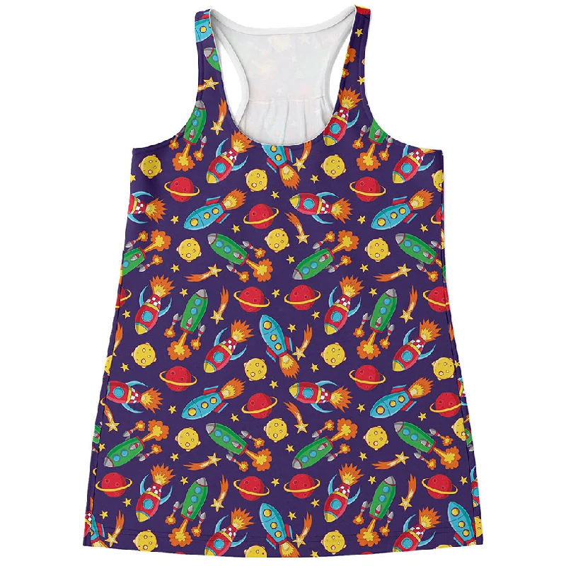 Space Rockets Pattern Print Women's Racerback Tank Top slim fit tank