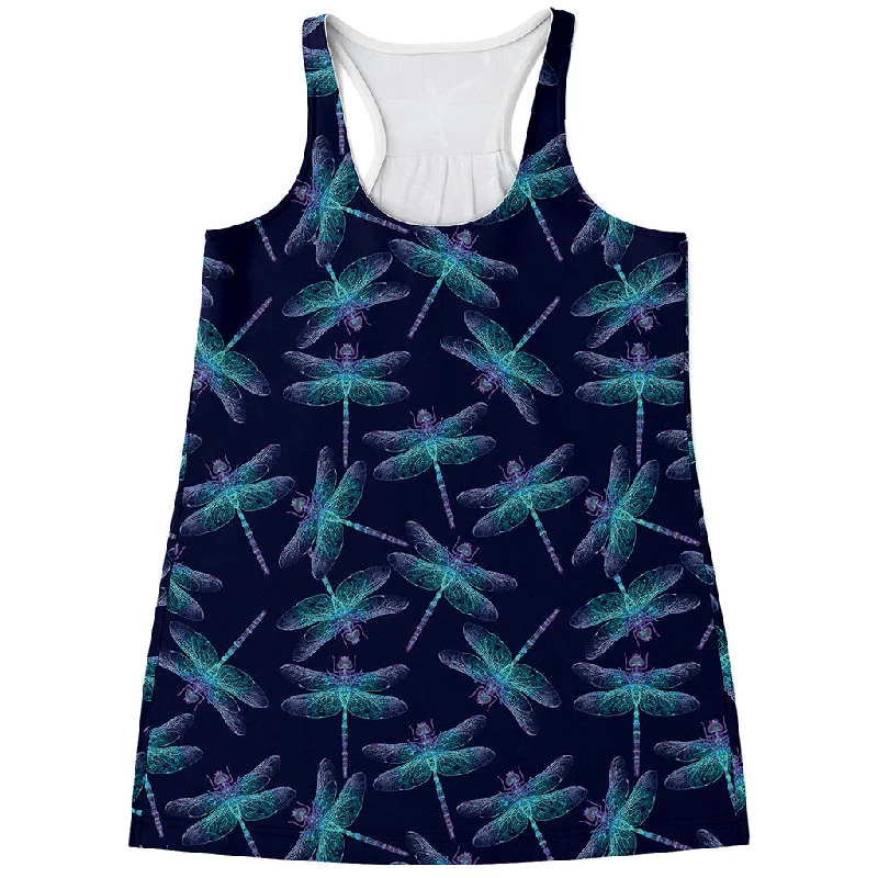 Teal And Purple Dragonfly Pattern Print Women's Racerback Tank Top layering tank top