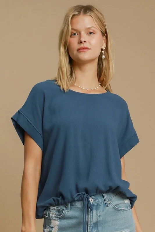 Umgee Drawstring Hem Round Neck Short Sleeve T-Shirt - Blue Zippered Front Buttoned Front Snap Front Umgee Drawstring Hem Round Neck Short Sleeve T-Shirt - Blue Zippered Front Buttoned Front Snap Front