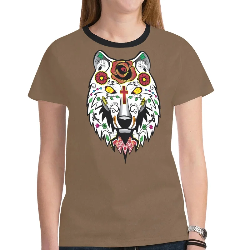 Wolf Spirit Guide (Dark Brown) T-shirt for Women Zippered Front Buttoned Front Snap Front