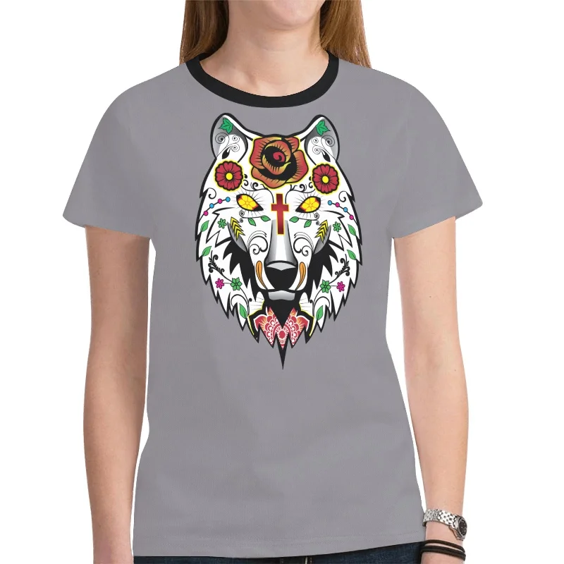 Wolf Spirit Guide (Dark Gray) T-shirt for Women Satin Fabric Silk Fabric Chiffon Fabric