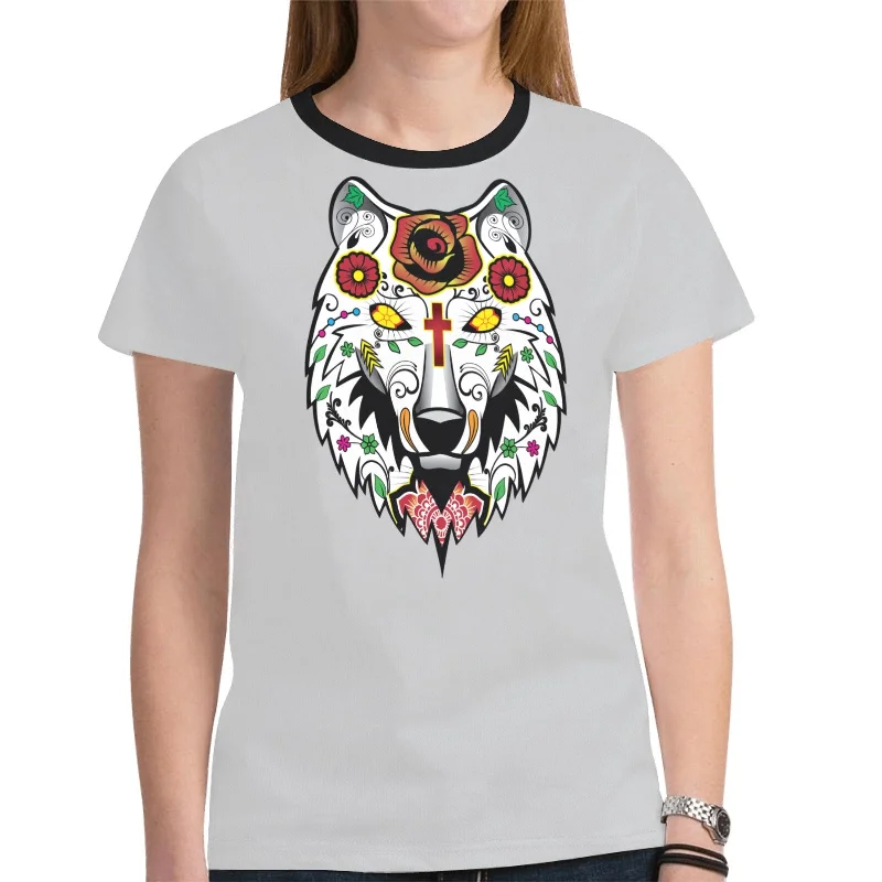 Wolf Spirit Guide (Gray) T-shirt for Women Print Jacquard Patchwork