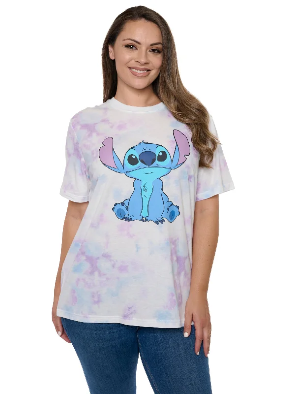 Women's Disney Stitch T-Shirt Pastel Tie Dye Short Sleeve White Solid Print Embellished