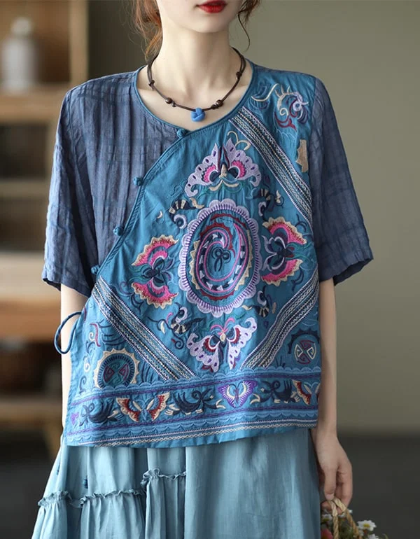 Women's Ethnic Style Embroidery Linen Shirt Rayon Fabric Velvet Fabric Corduroy Fabric