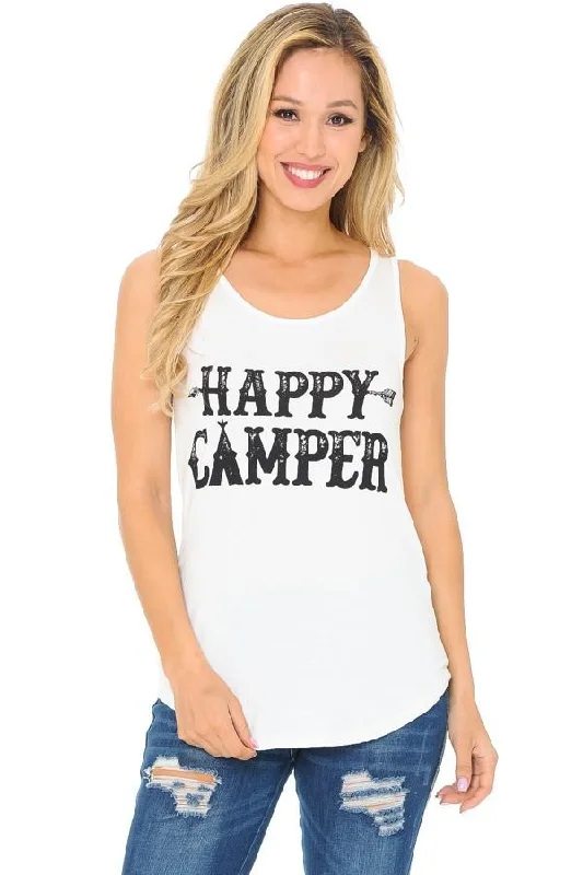 Womens Happy Camper Tank Top, Sleeveless Graphic Shirt, Sizes S/M/L, White/Black layering tank top